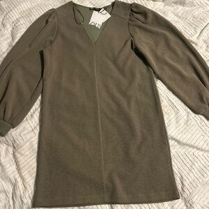 Zara Olive Green Flowy Fall Mini Dress